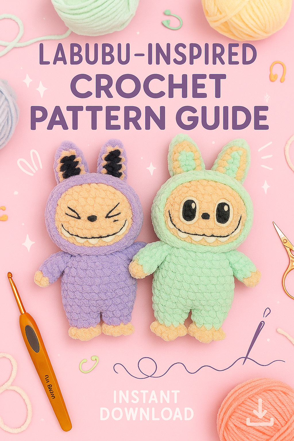 Crochet pattern guide with two animal-themed dolls and crochet tools on a pink background