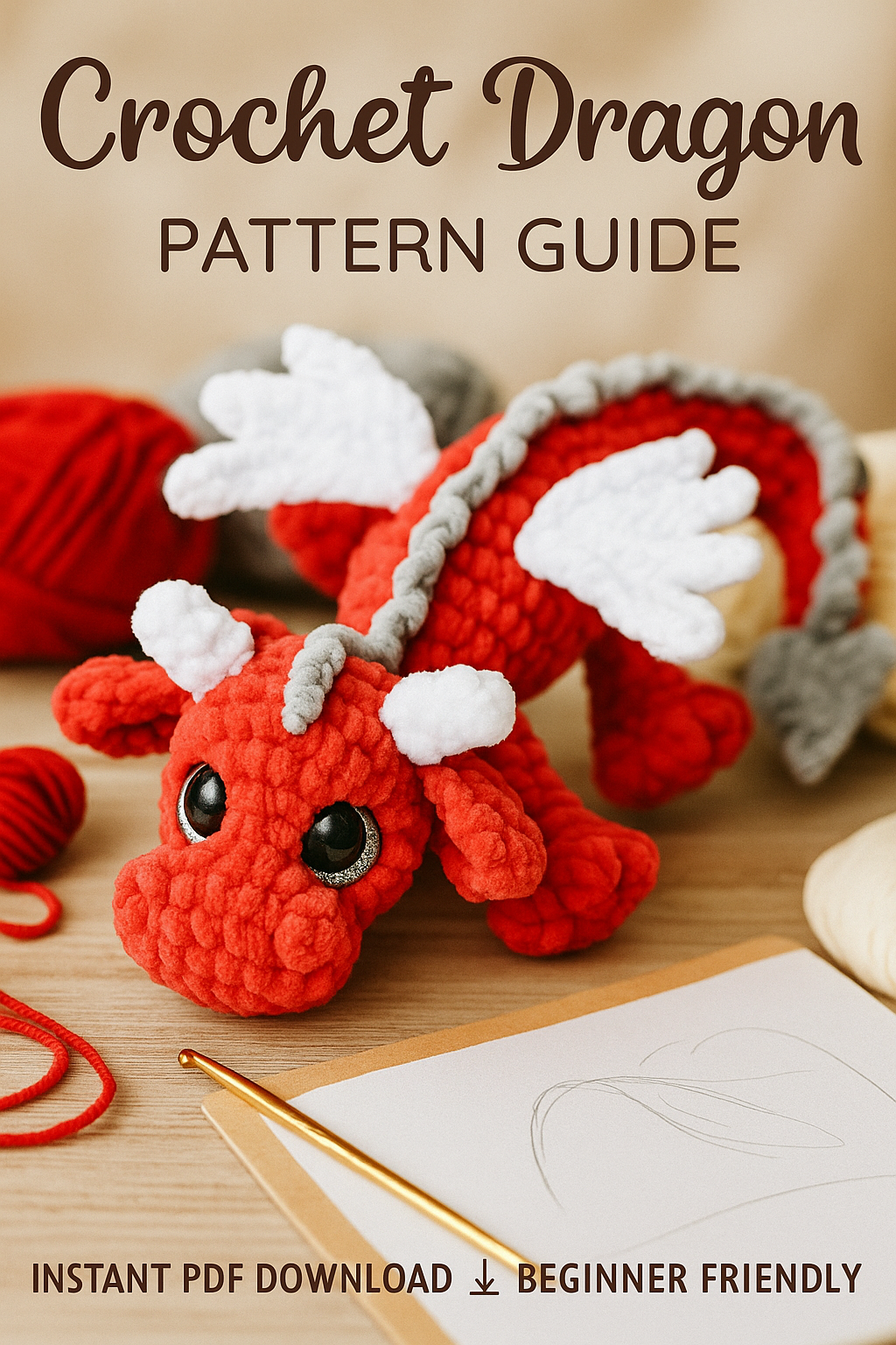 Crocheted dragon toy with red yarn and pattern paper on a wooden surface