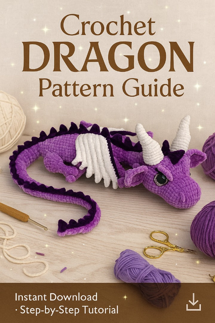 Crochet dragon pattern guide with yarn, hook, and scissors on a wooden surface